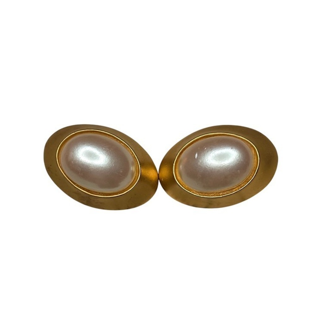 Vintage Gold-Tone Oval Clip-On Earrings With Faux Pearl Center